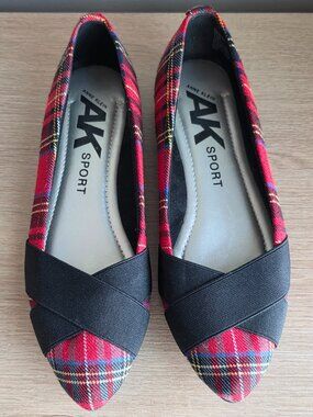 Anne Klein AK Sport Flats Women 7.5 Red Plaid Pointed Toe